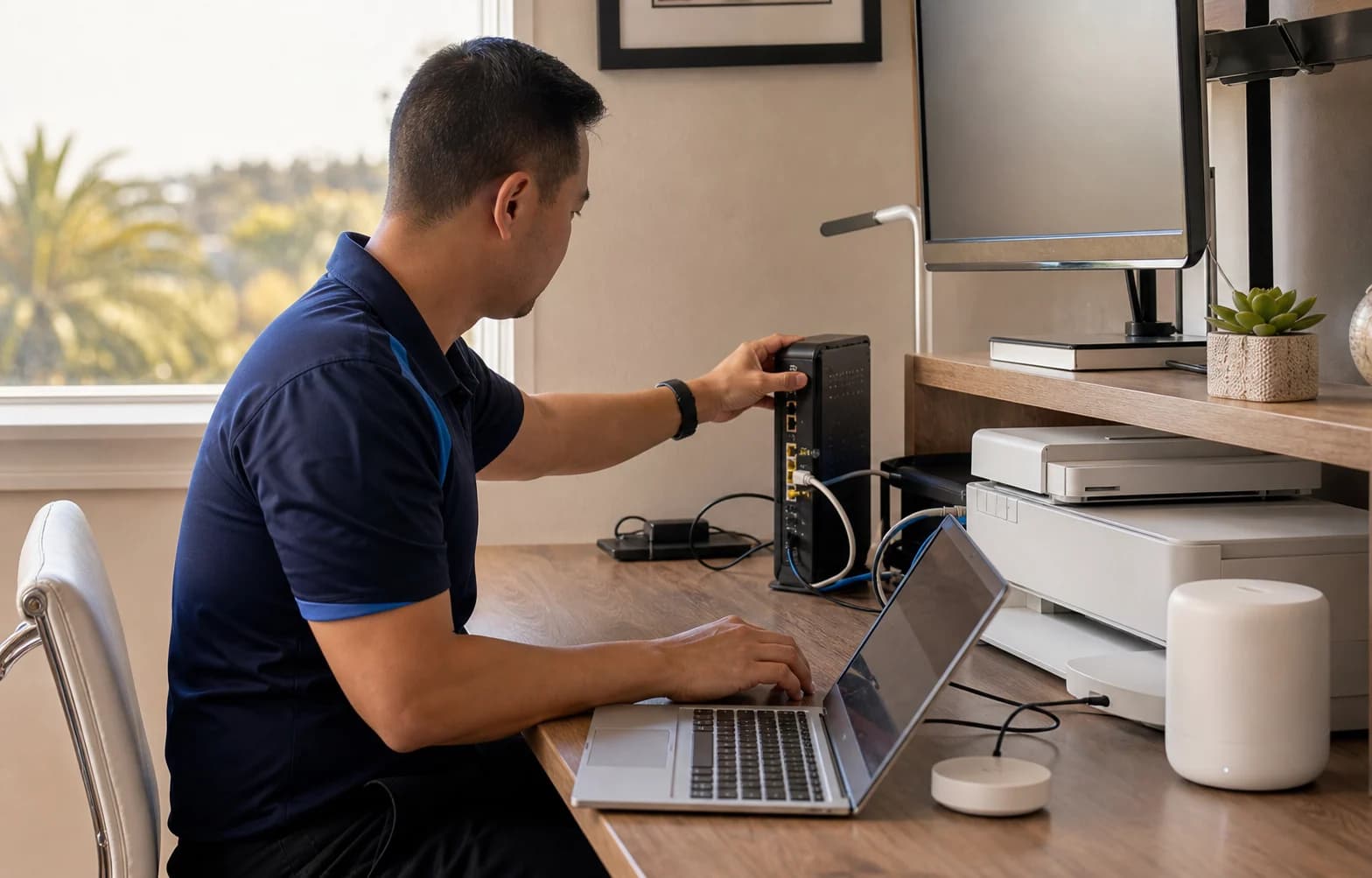 Technician setting up a router and laptop in a Los Angeles home office