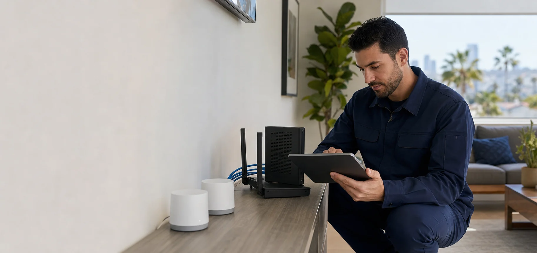 Technician checking a home router and mesh Wi-Fi equipment
