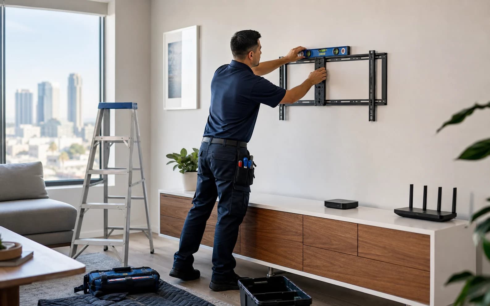 Technician mounting a TV bracket
